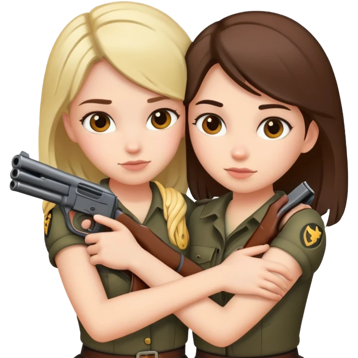 two girls hugging eachother and holding guns emoji