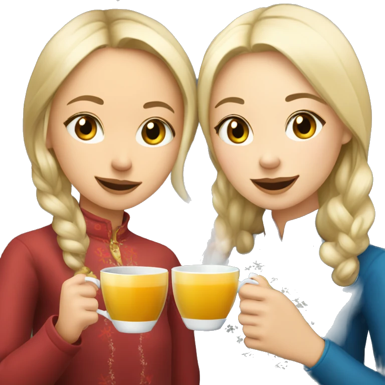 A blonde Russian girl and Asian girl drinking tea at Christmas time emoji