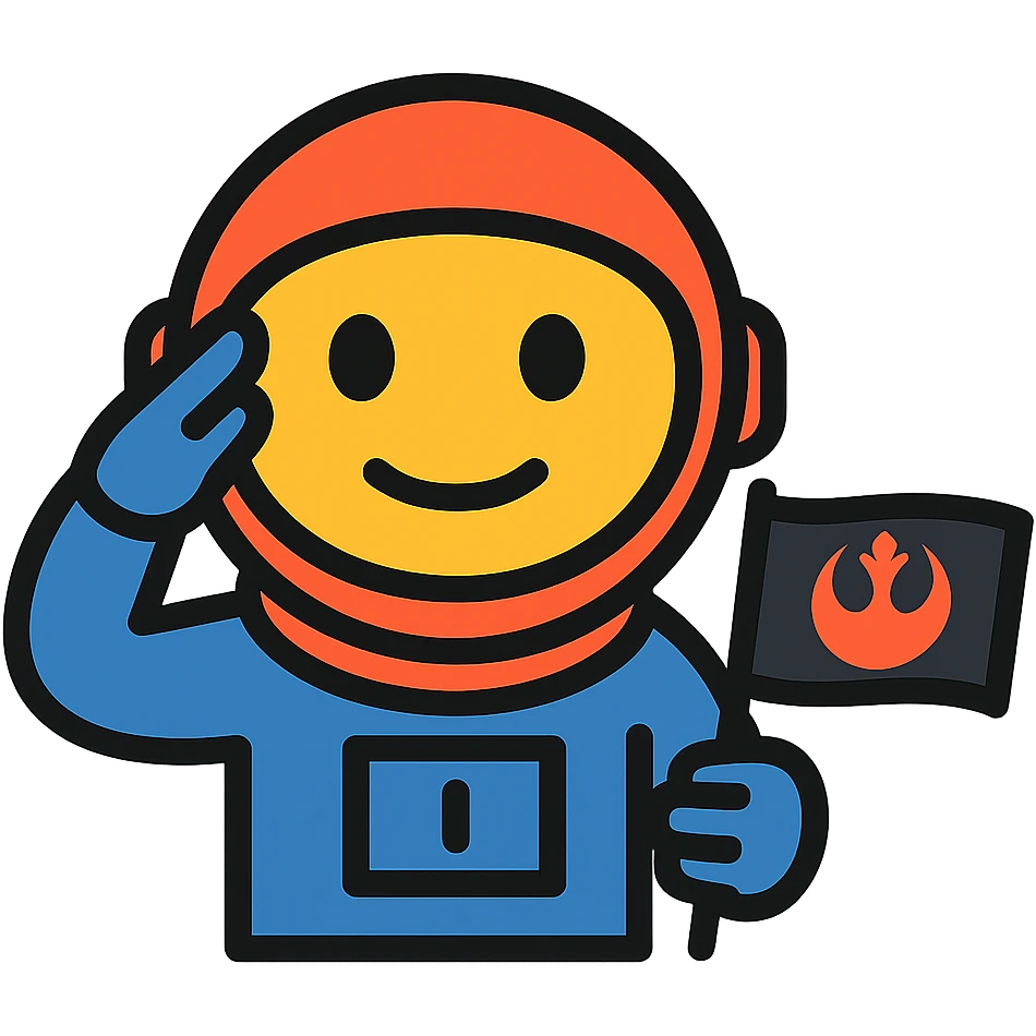 Make the 'o7' salute with helmet and rebel flag emoji extremely minimalistic by removing complex details, using only essential shapes and flat colors, with a simple or transparent background. emoji