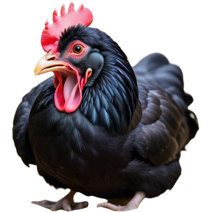 Cinematic Cute Yawning Black Chicken Portrait Emoji, Head tilted slightly with a dramatic, wide-open yawn, showcasing a soft, glossy black plumage with subtle hints of iridescence and a distinctive red comb, floppy wings slightly drooping, round beady eyes barely open in drowsy contentment, Simplified yet irresistibly adorable features, highly detailed, glowing with a soft, cozy glow, high shine, relaxed yet expressive, stylized with a touch of whimsy, bright and endearing, soft glowing outline, capturing the essence of a sleepy yet affectionate chicken, so drowsy it feels like it could stretch out of the screen and curl up for a nap! emoji