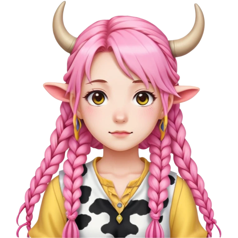 En anime-jente med rosa lange fletter, ku-horn og ku-ører med gul crop-blouse emoji