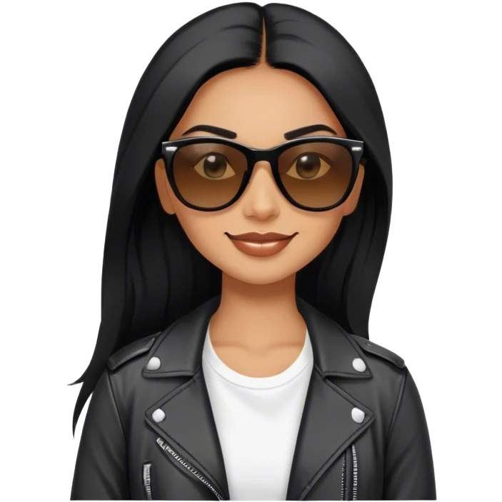beautiful fit woman, with long straight black hair, with make up, black eye liner, smile mooth close, mexican, brown skin, wearing white tee, wearing leather black jacket, solar black wayfarer rayban emoji