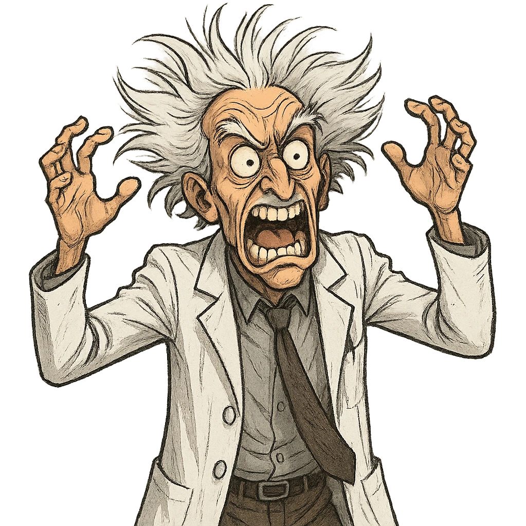 mad scientist going crazy, wild hair, lab coat, exaggerated expression emoji