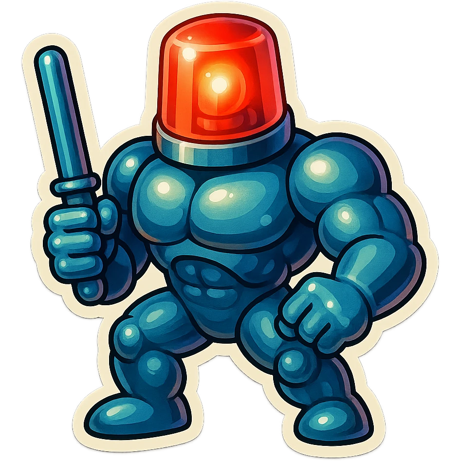 shiny muscular robot with a red police light head, holding a futuristic baton emoji