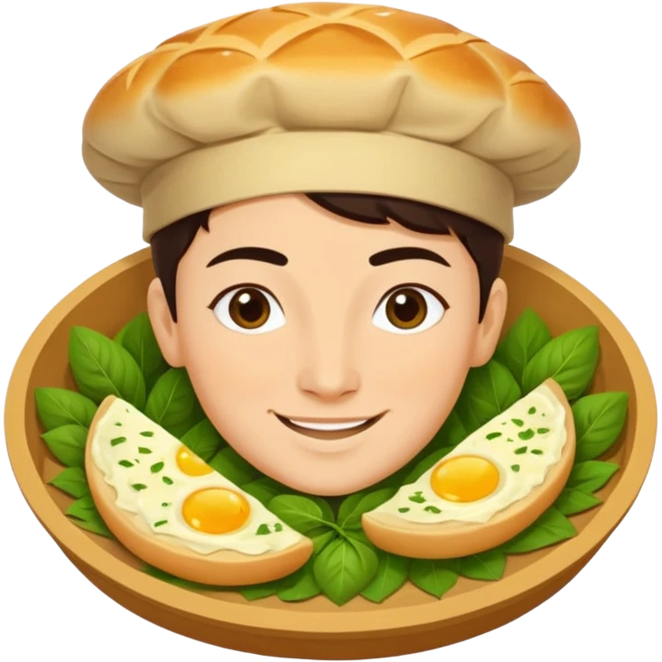 Georgian cuisine avatar in bright emoji-style illustration. Khachapuri and herbs, rich golden and green colors, simple shapes, flat design, strong character. emoji