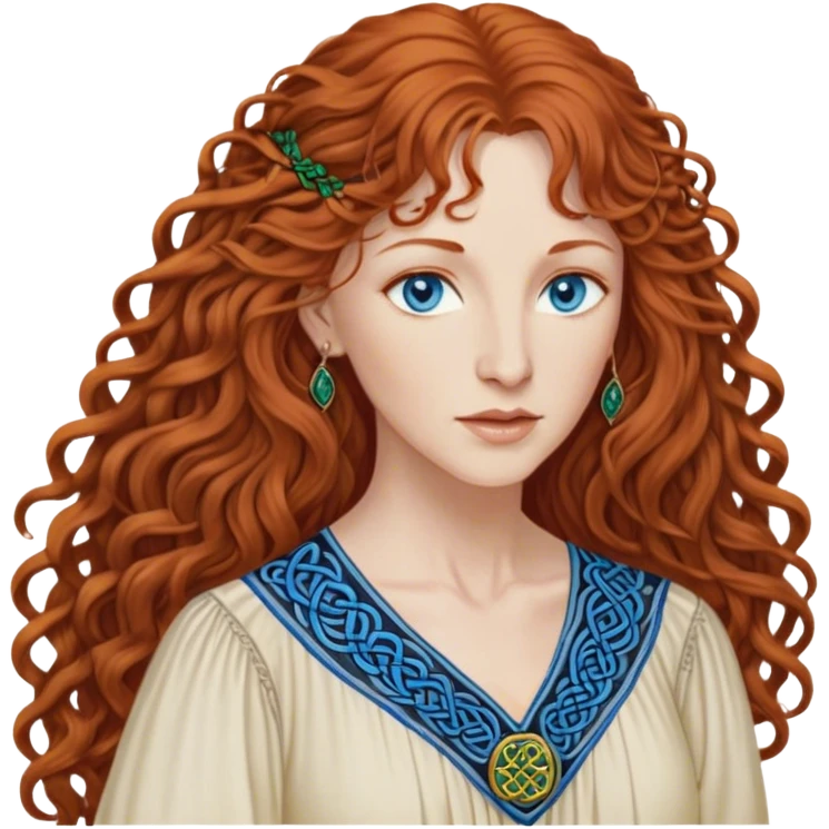 a detailed portrait of loreena mckennitt, focusing on her upper half. she has long, curly auburn hair, fair skin, and piercing blue eyes. wearing a flowing blouse with Celtic-inspired embroidery, highlights her serene and contemplative expression emoji