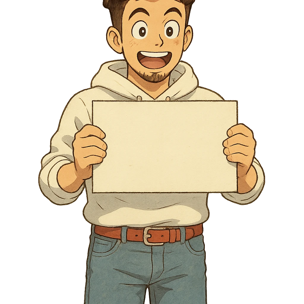 1 male, mid fade haircut dark chestnut brown curly hair, toasted lightskin, white hoodie sleeves up, fashion jeans, red fashion-sneakers shoes, red belt, short trimmed beard and goatee,  style of deku from "my hero academia", pose: holding a blank poster shoulder level, the image is framed from the waist to above the top of the head, facial expression is excited emoji