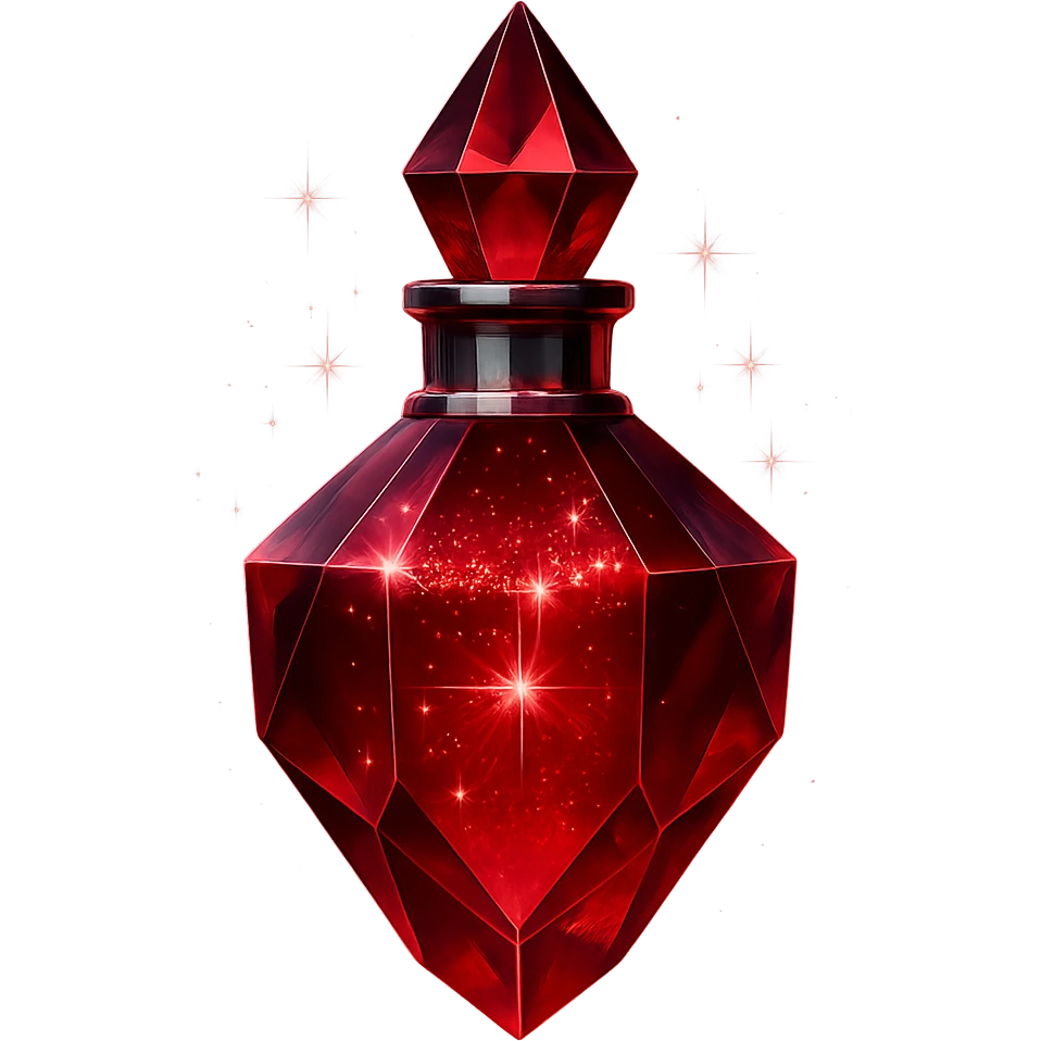 red crystal-shaped luxurious elixir bottle, deep red color, iridescent and silver details, intense magical glowing and sparkling effects, very small neck, seamless bottom, transparent background, floating, no base or shadow, modern, matching a collection emoji