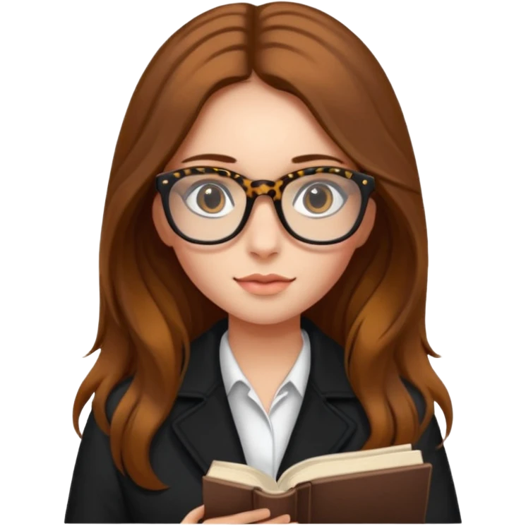 A girl with long brown hair and The leopards reading glasses and black jacket  emoji