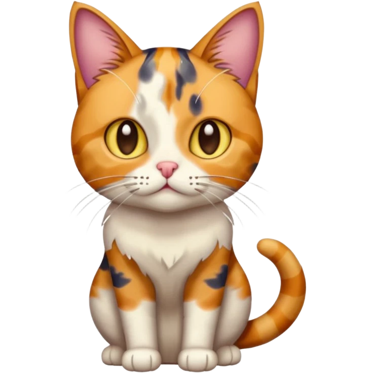 full body colourful calico tabby cat with disproportioned head with an anxious face emoji