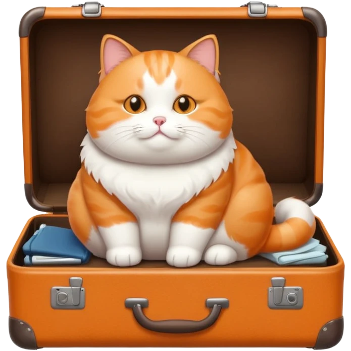 A chubby cat sitting proudly next to a neatly packed suitcase. emoji