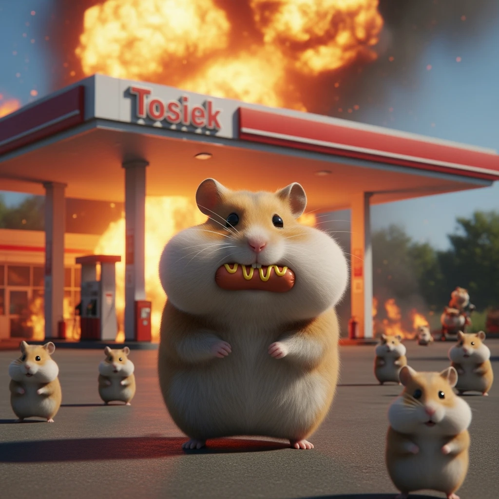 Cinematic still of A portrait of a fat hamster eating hotdog on gas station, gas station is in fire, other hamster fun away, sunny day, back light explosion , gas station named "Tosiek" (Realistic) emoji