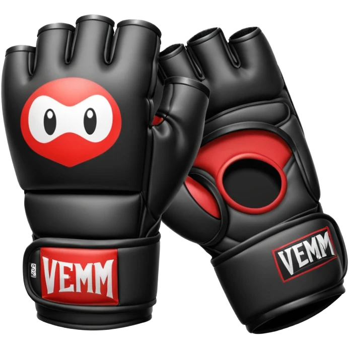 MMA glove object icon, black fingerless fighting glove, glossy venom texture cartoon, mobile game icon style, centered, soft shadow, clean background. Black and white color scheme, venom symbiote style. emoji