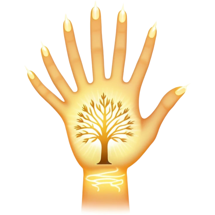 ethereal glowing hand with intricate symbolic palm lines, radiating mystical energy emoji
