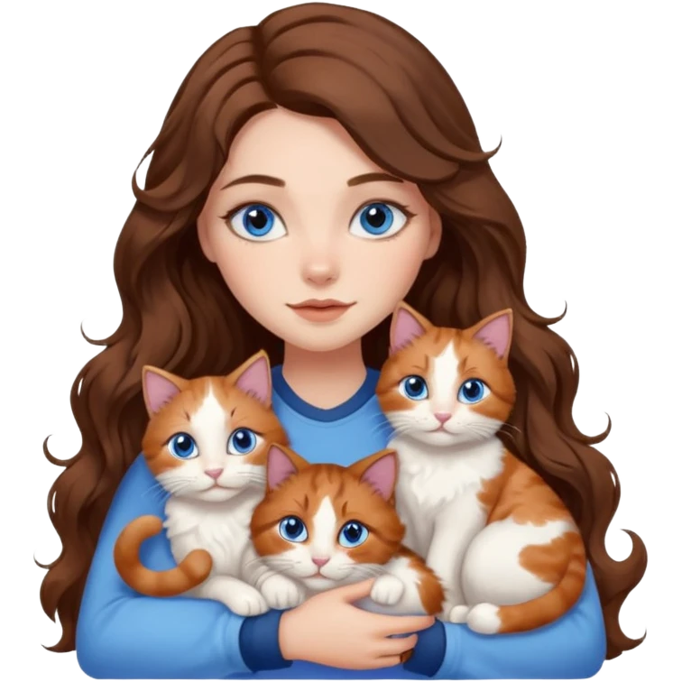 girl with long wavy brown hair, blue eyes, long lashes makeup, cuddling with 6 cats emoji