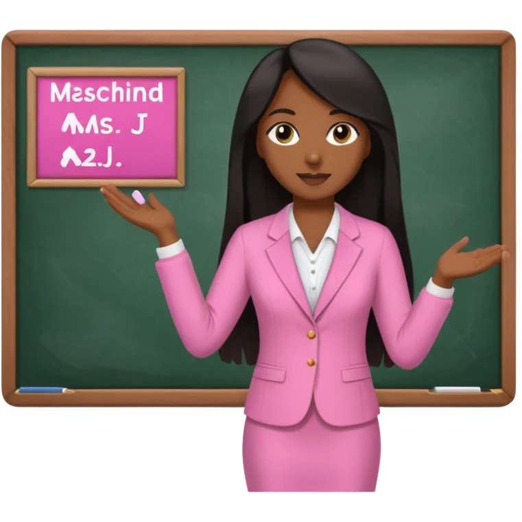 a brown skin teacher with hair with black straight long hair wearing pink not hot pink 2 piece set teaching up on a board the board says Ms. J emoji