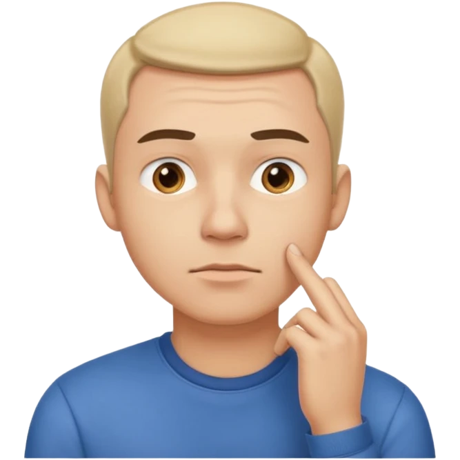 A clean-shaven man in casual clothing thinking critically, touching his chin with one hand, eyebrows slightly furrowed, focused and analytical expression. Neutral background, soft lighting, realistic emoji style. emoji