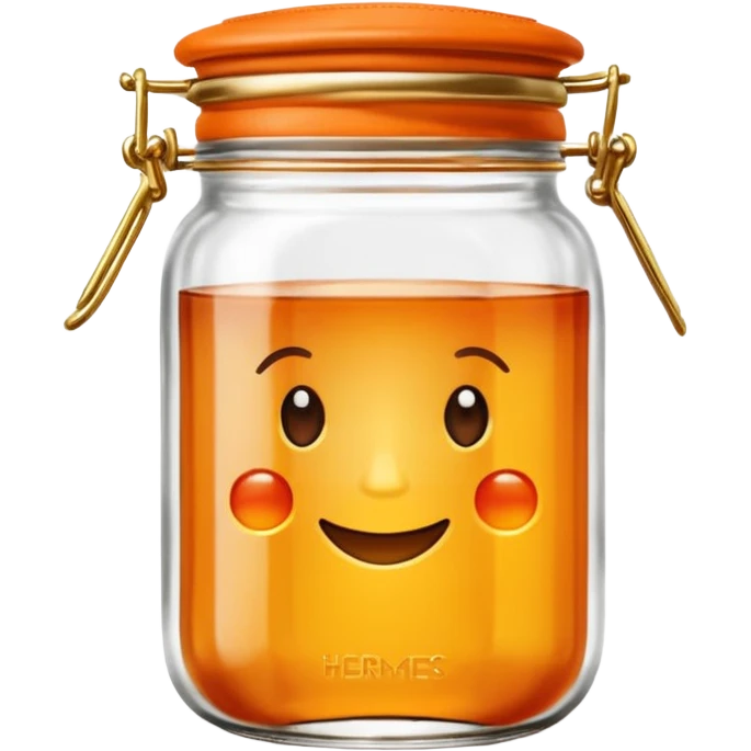 Hermès-style vintage jam jar, glass with Hermès orange lid and gold accents, luxury, cute emoji style emoji