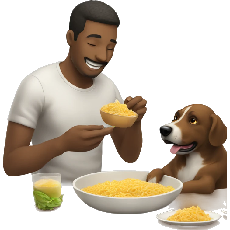 Hazme una imagen de un hombre comiendo con su perro emoji