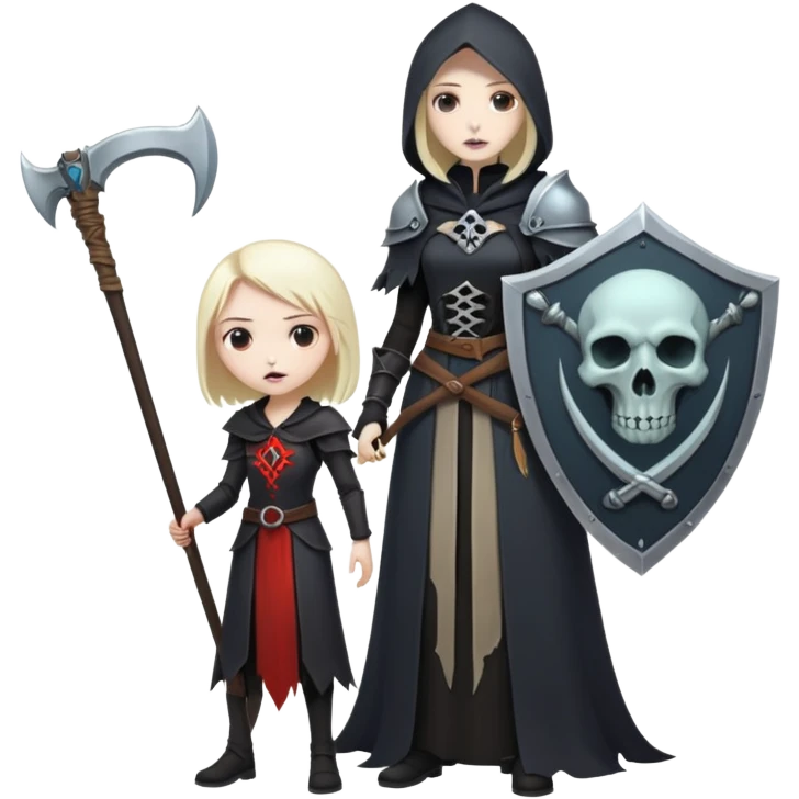 Necromancer girl with scythe and shield, in front of a dead mage emoji