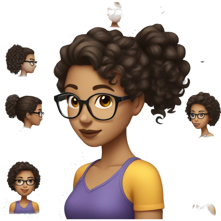 light skin girl with dark brown curly hair in a low ponytail with clear glasses emoji
