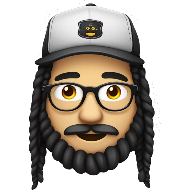 Guy with black dreadlocks tied behind head, with big frame glasses, with beard and mustache, a trucker hat, nose ring, chubby cheeks, big smiling showing emoji