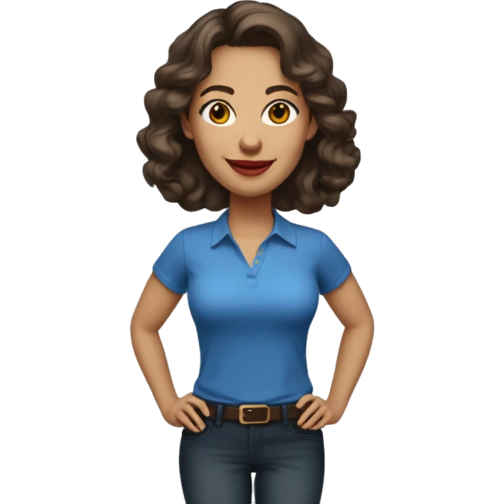 A cheerful woman in her 30s with light skin, shoulder-length wavy dark brown hair, and a round face with prominent cheekbones. She has hazel eyes, full lips with red lipstick, and a warm, friendly smile. She's wearing a blue shirt. emoji