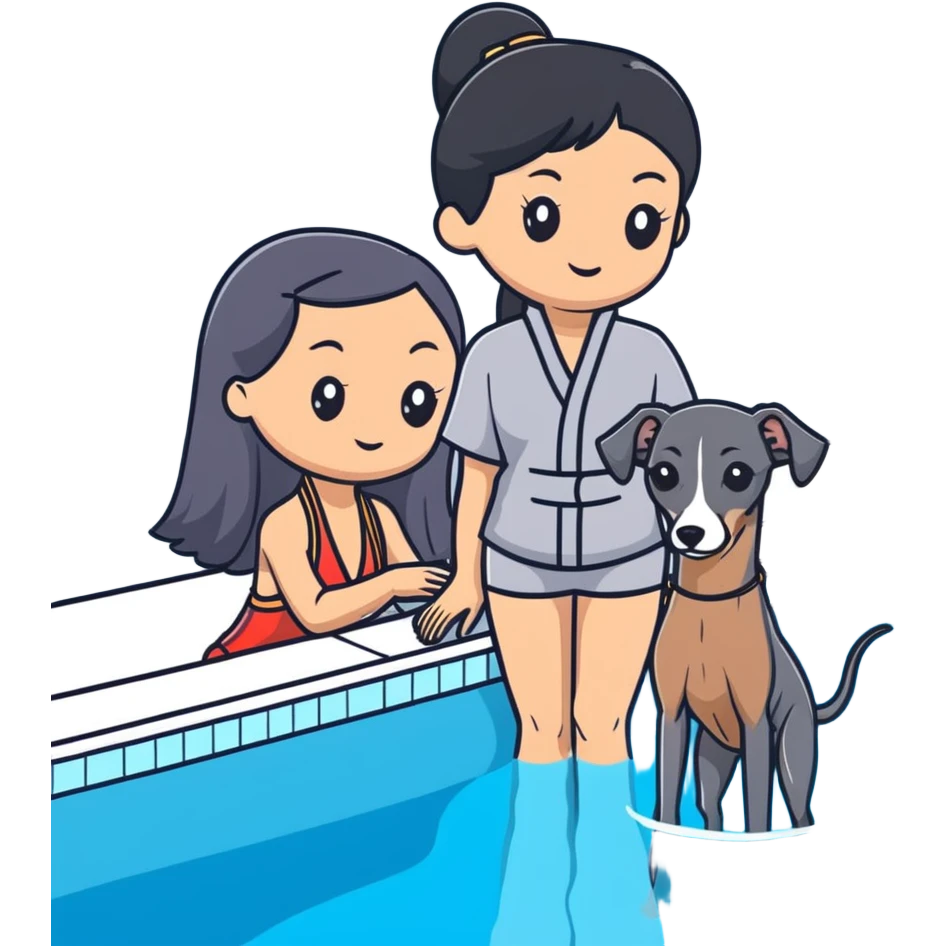 Slim Chinese woman with long black hair in pool attire at an indoor swimming pool with her Italian greyhound that is COMPLETELY and ENTIRELY solid dark grey, with ABSOLUTELY ZERO white markings anywhere on its entire body including face, nose, chest, paws - 100% uniform dark grey color only emoji