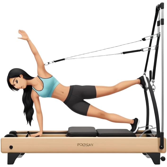 woman with tanned skin, long black hair, wearing a sports bra, doing exercise on a Pilates reformer machine emoji