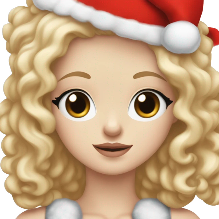 Pretty blue eyed white girl with blonde long wave hair with a santa claus hat and holding a brown toy poodle with short eras emoji