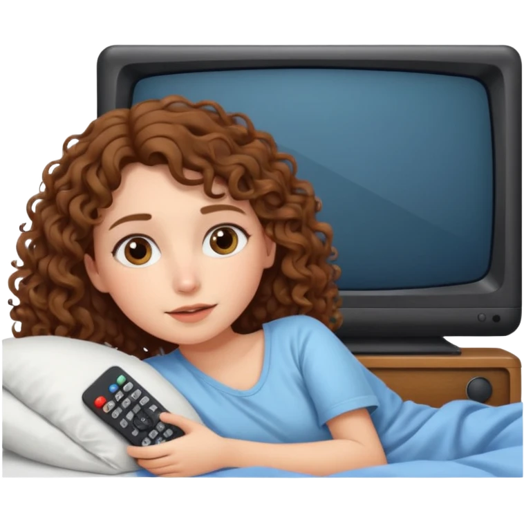 Draw a girl with shoulder-length curly hair, lying in bed watching TV, but make her look at the TV. emoji