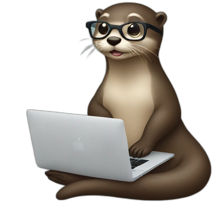 female otter with glasses use a macbook while seated against a pillow emoji