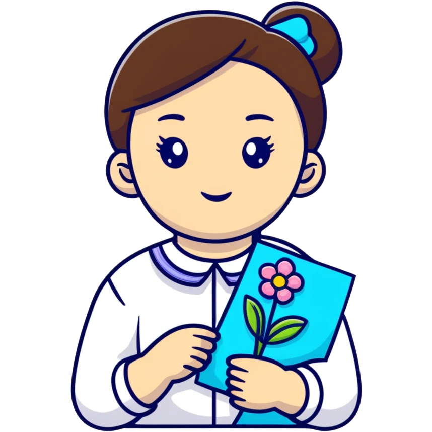 Ukrainian young girl in white embroidered shirt holding colored paper and a flower emoji