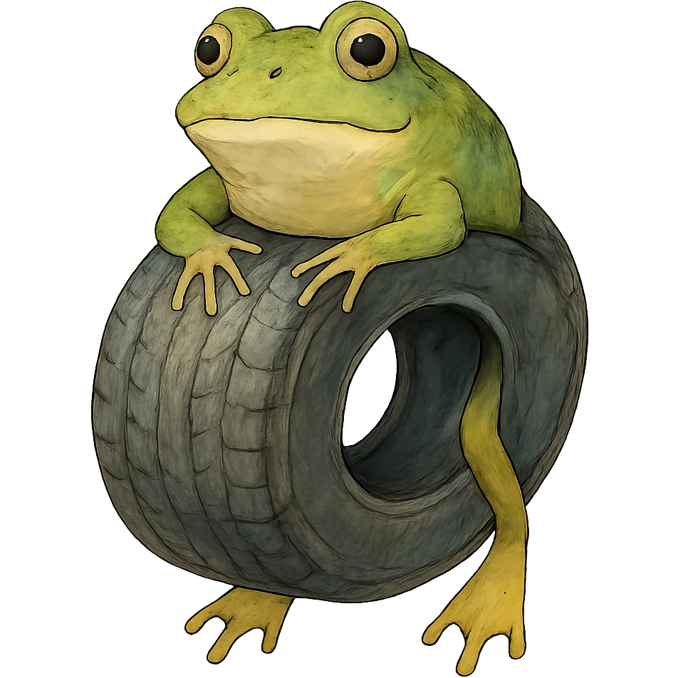 ghibli style frog head on a tire with legs emerging emoji