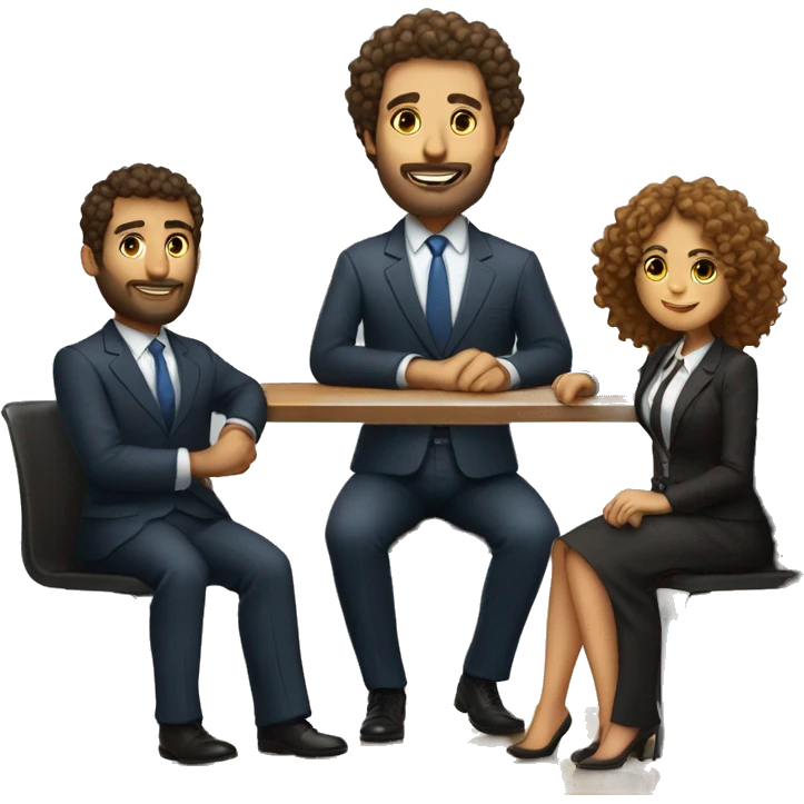 work meeting 3 men and 4 women sitting on a table wearing suits the women have curly hair and one of the men is fat with a beard and of them is tanned with curly hair emoji
