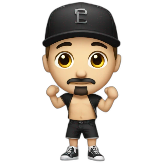 white man with black goatee, cross earring, cap and short shorts, dancing emoji