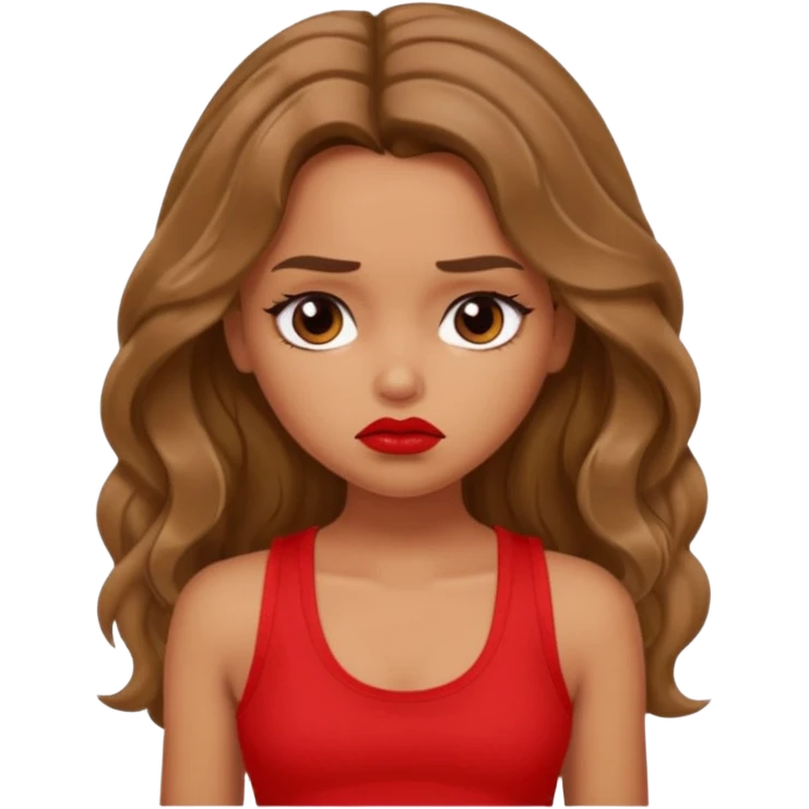 generate a pretty tan bratz girl with brown wavy hair long wearing a red tank top, red lipstick. Looking sad emoji