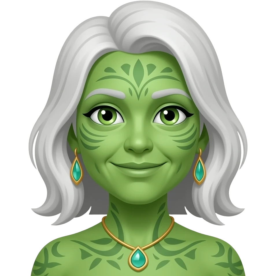 llustrate a Pandora-style old female avatar with radiant green skin, intricate facial markings emoji