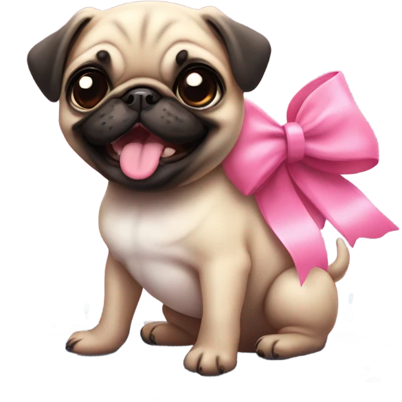 Baby pug with big pink
eyes wearing a pink bow above 1 ear sitting in a puddle   laughing  emoji