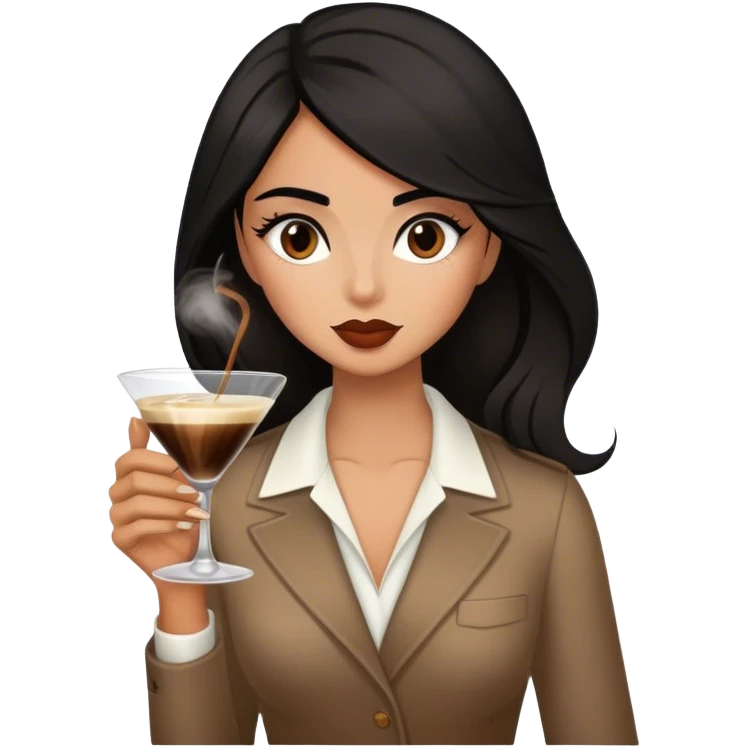 black haired female Hispanic looking drinking espresso martini long hair brown balayage  emoji
