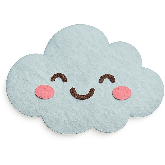 soft pastel fluffy white cloud with happy blushing face, no arms, no legs, full body, soft pastel kawaii paper craft style emoji