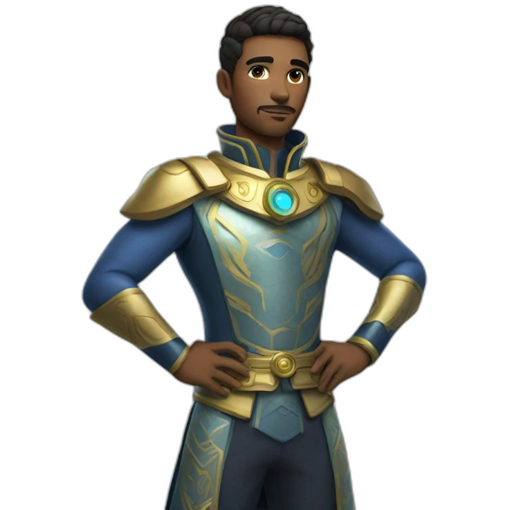 Male character with futuristic attire, wearing a combination of traditional royal clothing and modern tech-inspired accessories. emoji