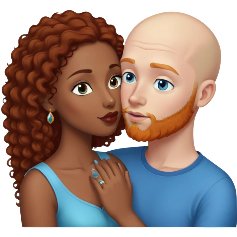 Bald white male with ginger beard and blue eyes kissing indian brown woman with black curly hair emoji