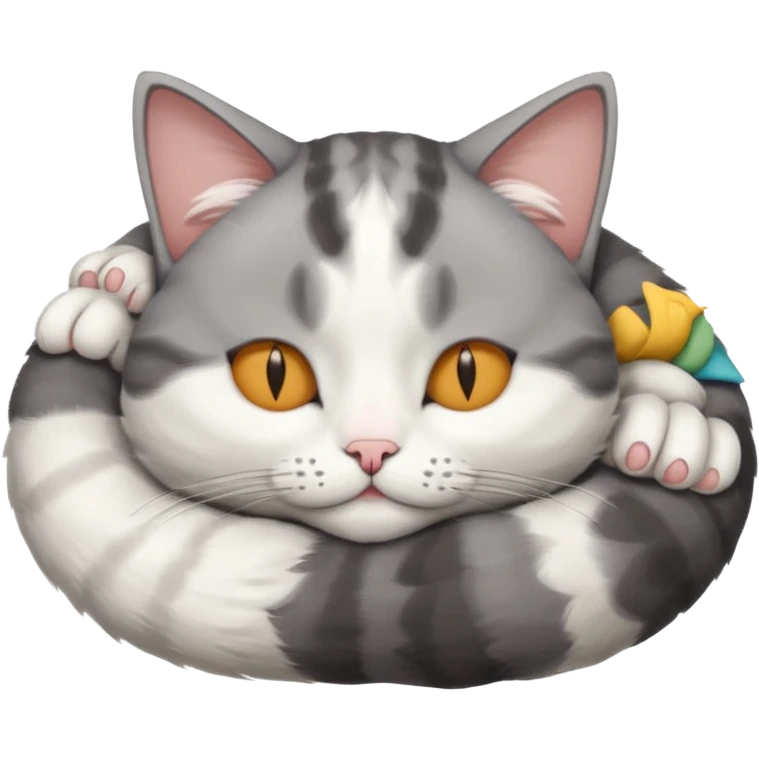 grey and white small cat with eyes closed lying down upside down with its head resting on its curled paw emoji