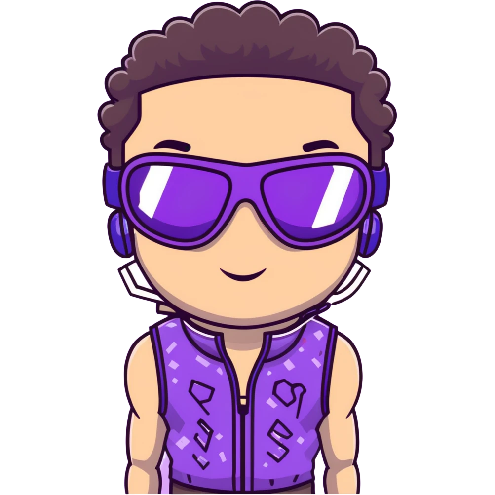close-up of male athlete with white skin and moderately curly dark brown hair on top with shaved sides, wearing ski goggles with purple frames and very dark black lenses, a simple plain black chain necklace, and a completely unzipped sleeveless vest with purple and black sequin fire pattern design with no logo, with an arrogant smug smirk on his face, looking confident and cocky emoji