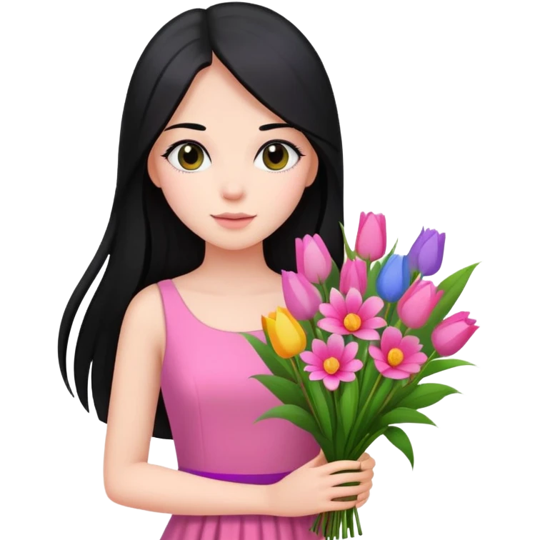 Beautiful girl with long straight black hair, fair skin, wearing pink dress, holding a bouquet of colorful flowers emoji