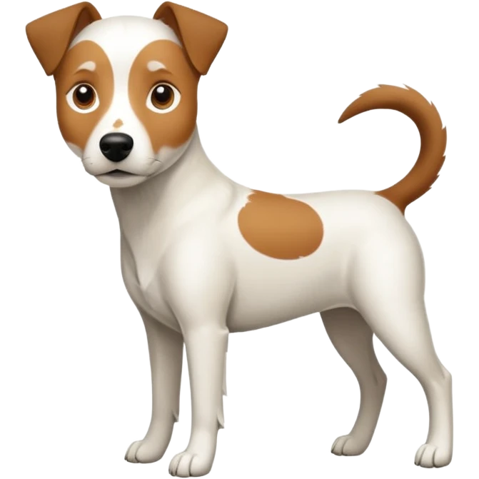a full body large white parson russell looking dog the size of a kelpie with light brown flopped down ears and a light brown patch on one eye and a large snout emoji