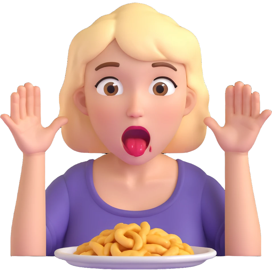 woman with drooling face and hands reaching for food, showing strong hunger emoji