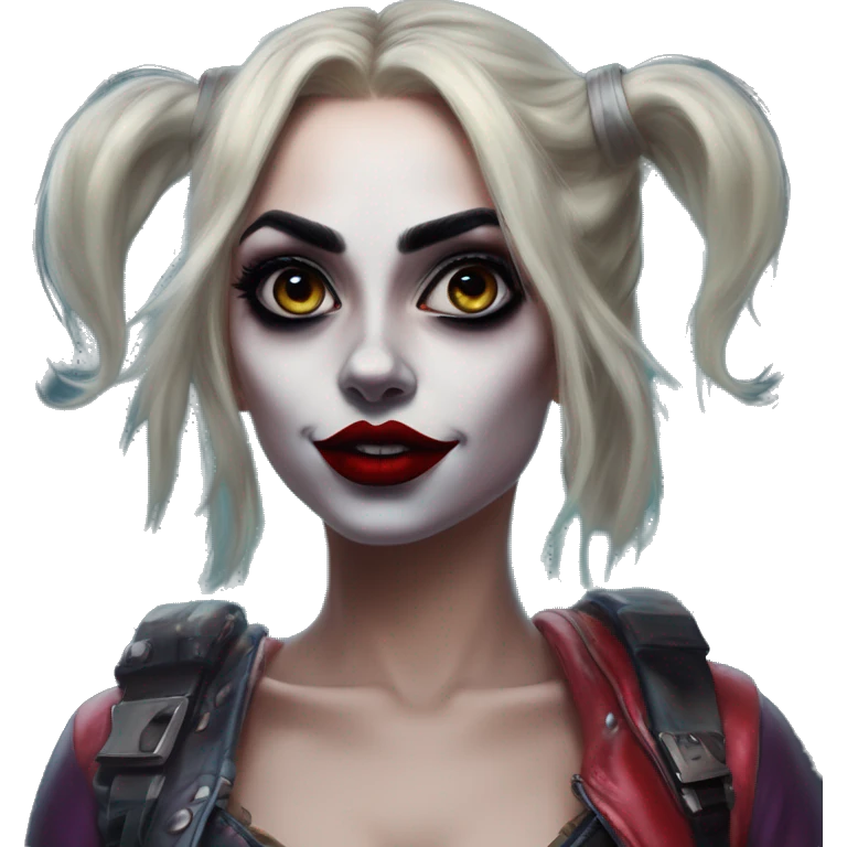 Jasmine Lordi in Harley Quinn style, oil paint, mysterious eyes, intricate lips, masterpiece portrait, odd perspective, beautiful, desirable, logical emoji
