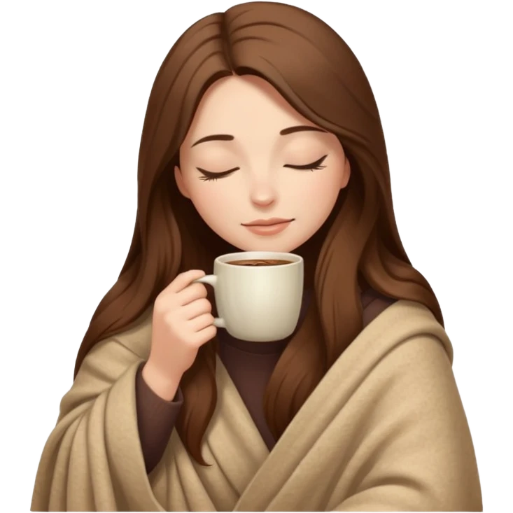 long brown hair woman closed eyes hiding under a cozy wool beige blanket, holding cup of coffee, autumn mood emoji